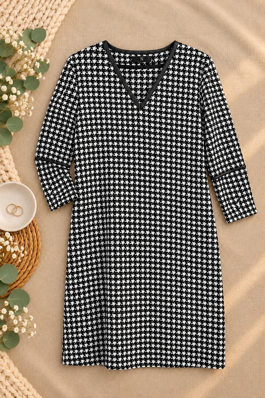 NWT N Natori Japanese Check Wedge Dress Black White Jacquard V-Neck Size M